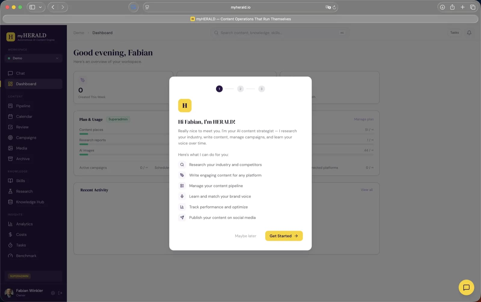 Onboarding step 1: HERALD introduction modal with capability list