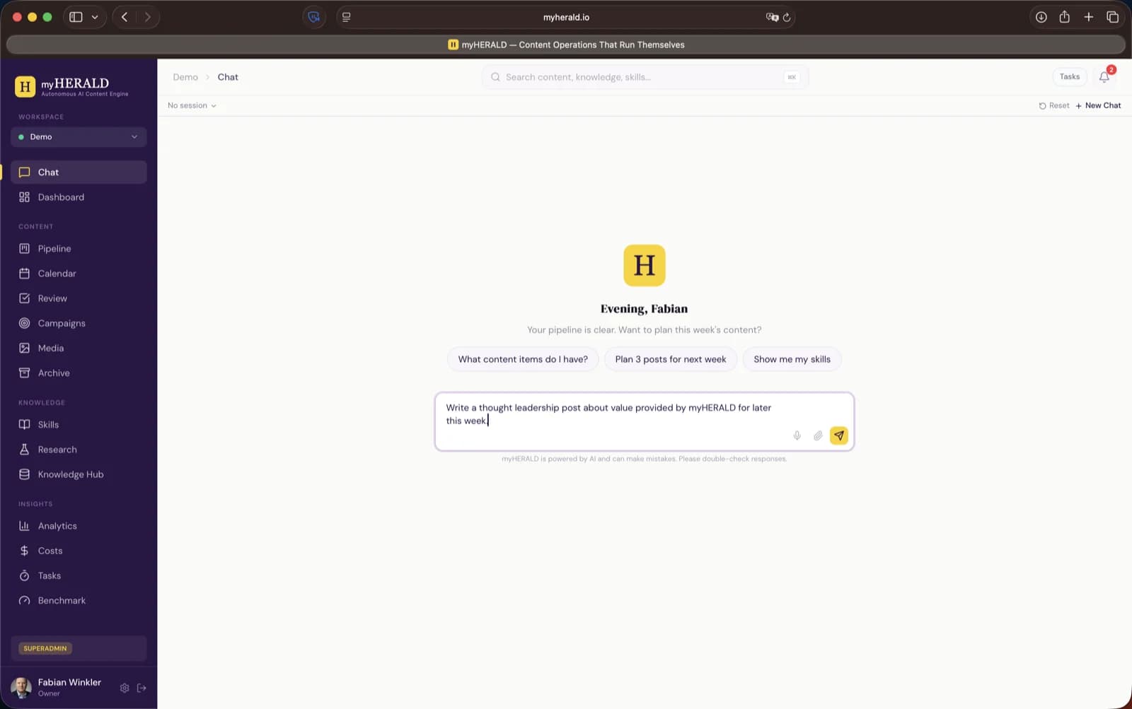 Chat interface with a first-post brief typed into the composer