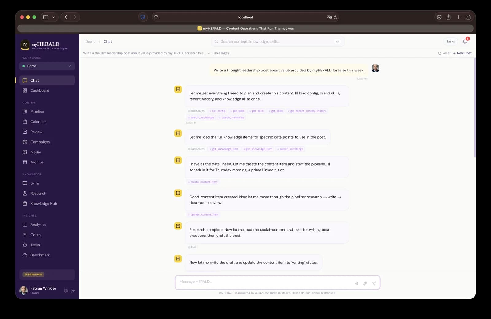 Full chat interface showing a conversation thread with HERALD