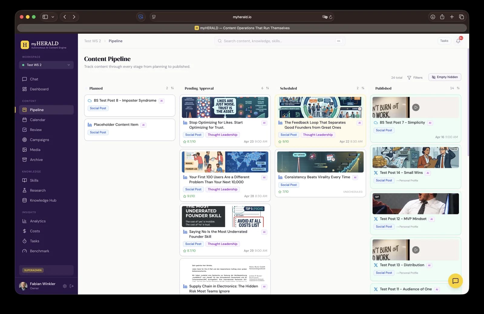 Pipeline kanban board with cards across the workflow columns