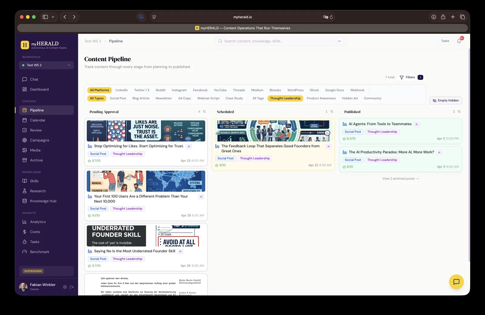 Pipeline card hover state showing quick actions and metadata