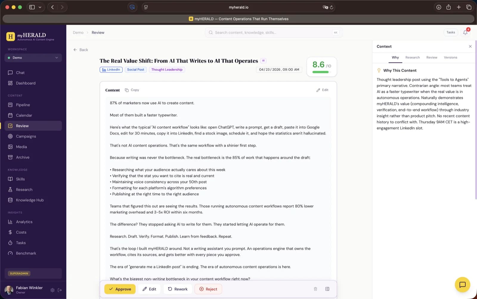 Review page with a draft open, showing the editable caption, image preview, and the Approve, Edit, Regenerate, and Reject buttons