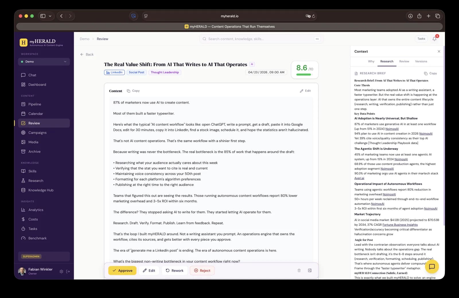 Review page sources panel showing Knowledge Hub items and web citations