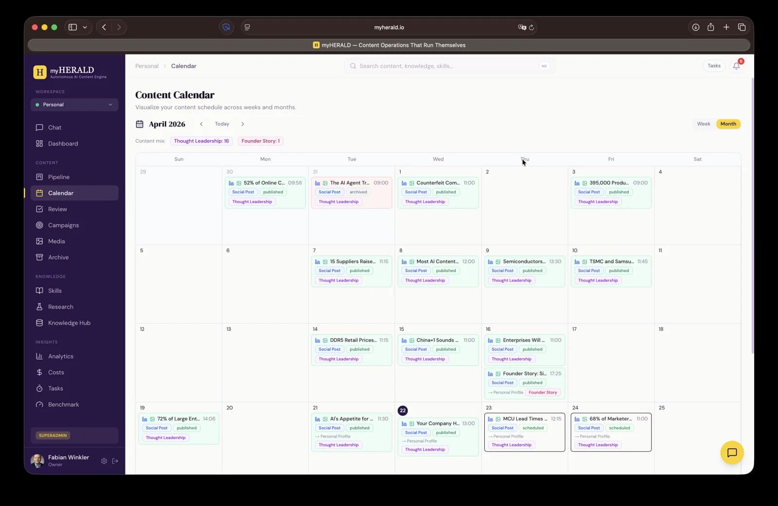 Calendar month view with colour-coded posts and campaign borders