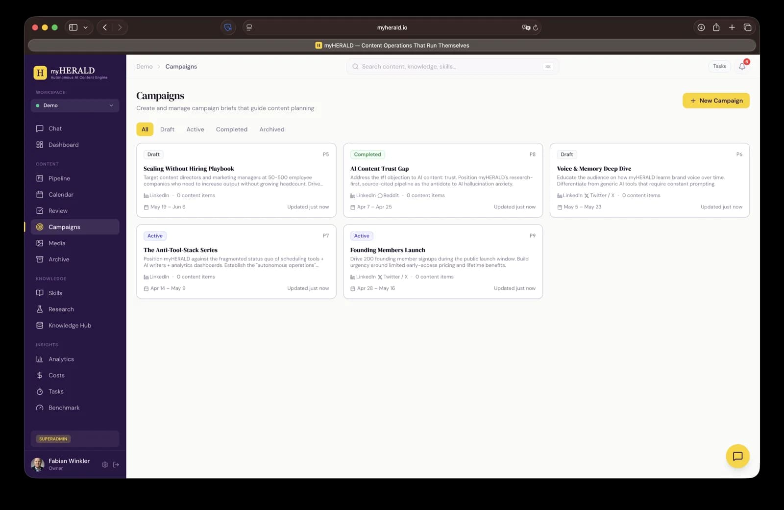 Campaigns list view