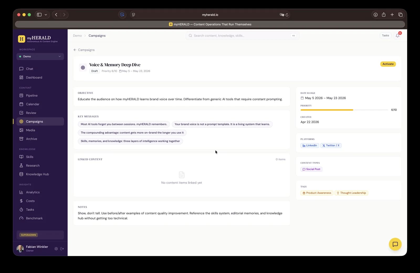 Campaign detail view with objective, key messages, and linked posts