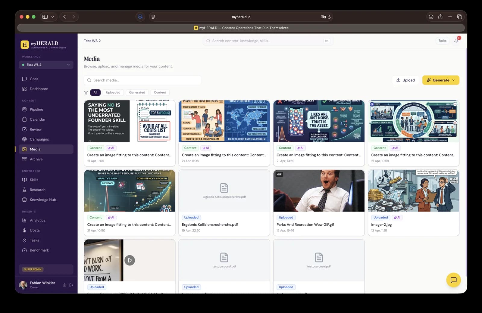 Media library grid view with search and source filters