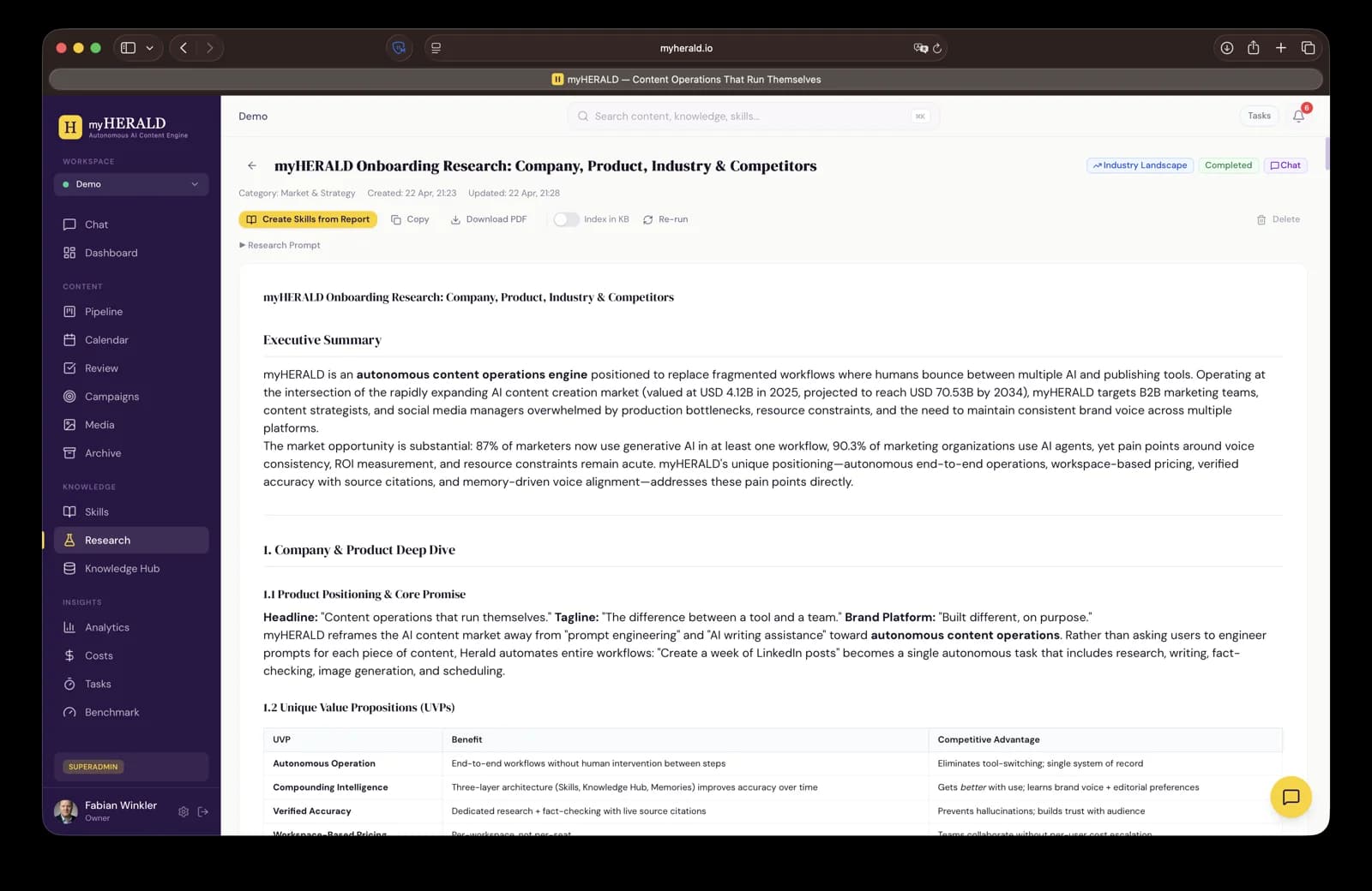 Research report detail view with extracted items