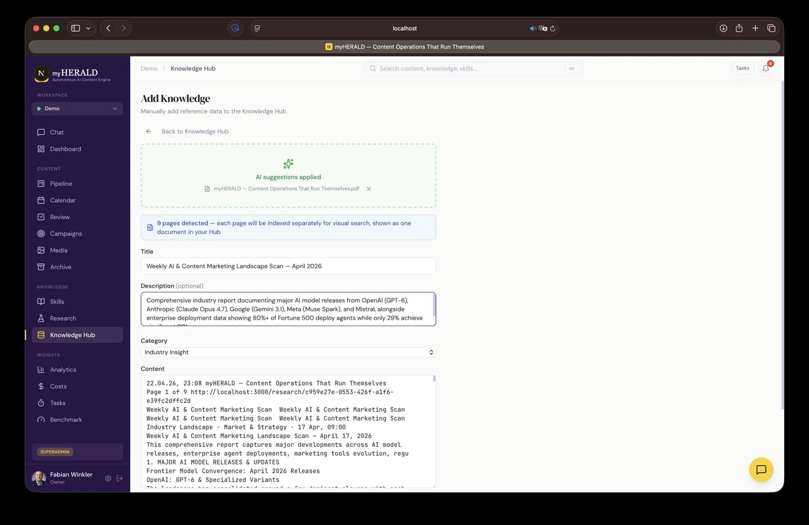 Knowledge Hub upload modal with drop zone