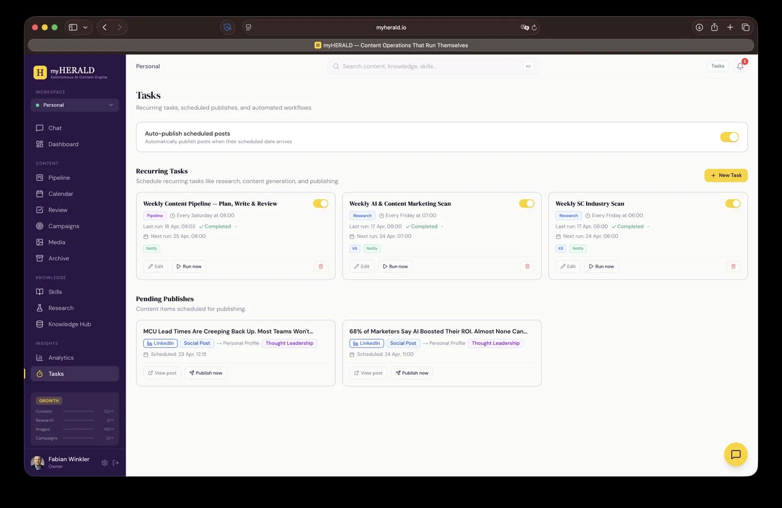 Tasks list with schedule, type, and status per entry