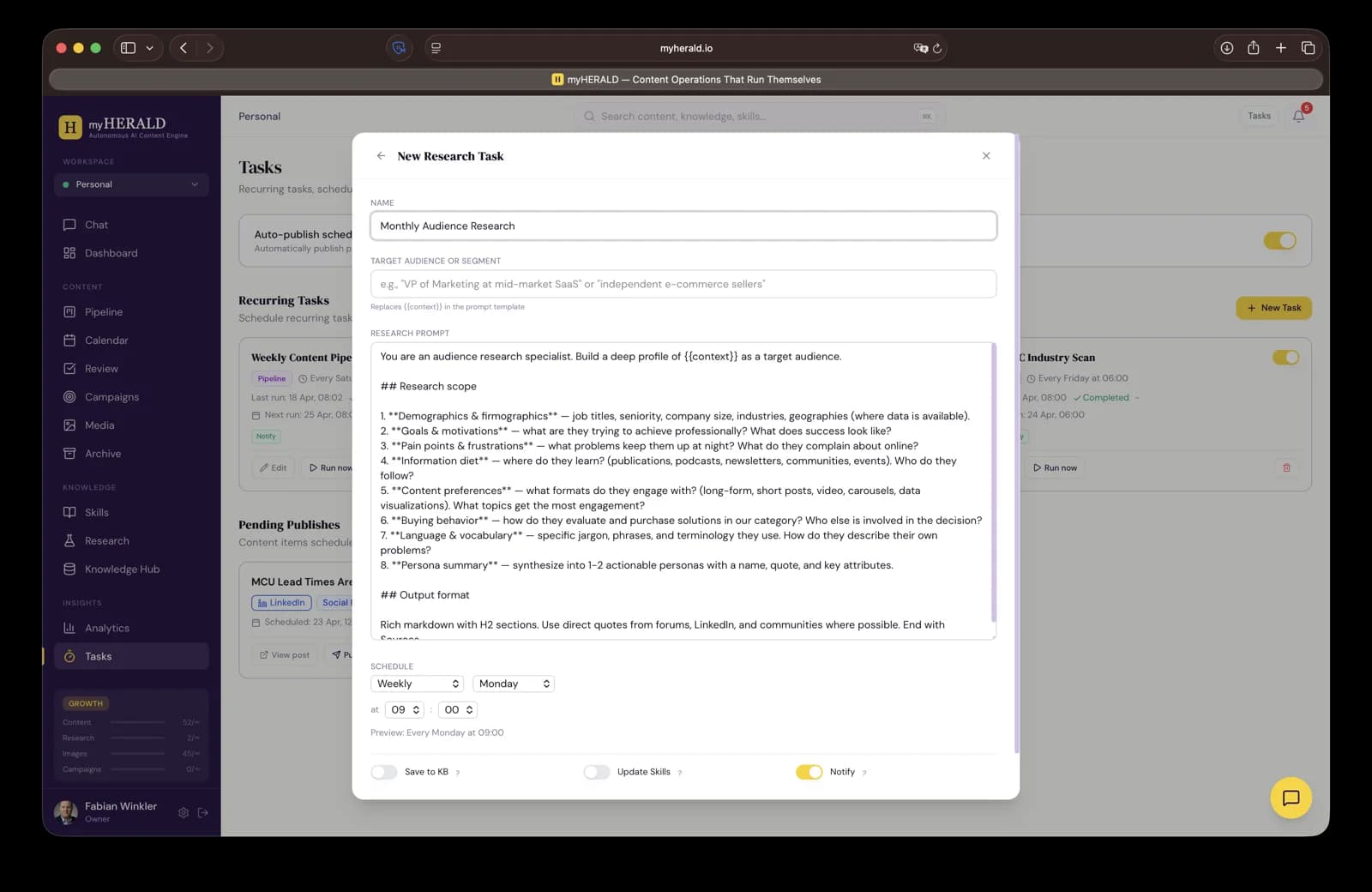 Task create dialog with prompt, type, and schedule fields