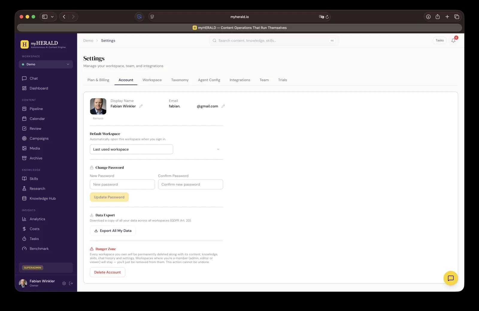 Settings Account tab with name, email, avatar, and default workspace fields
