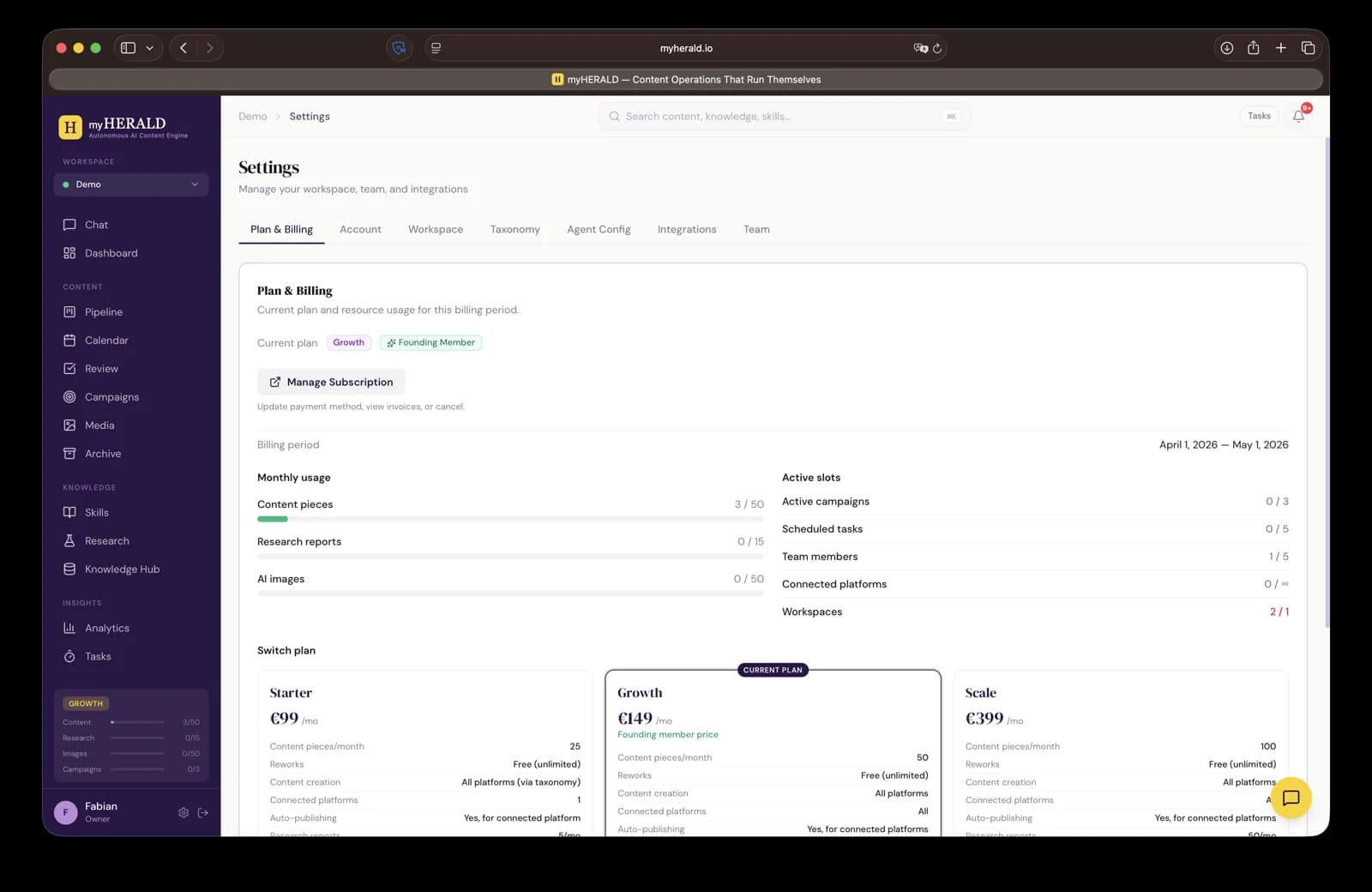 Settings Plan and billing tab with current plan, usage, and invoice history