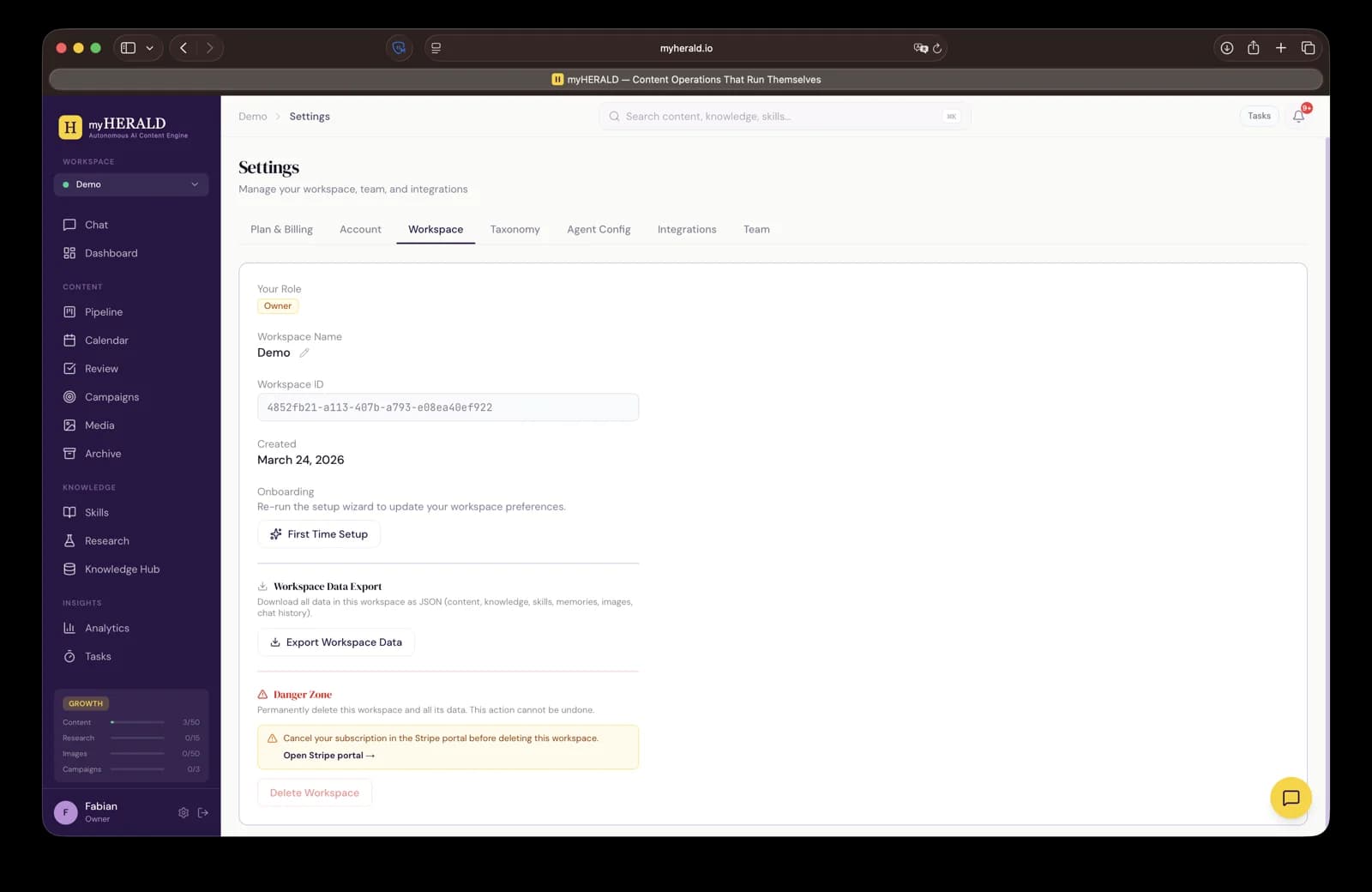 Settings Workspace tab with role, workspace name, ID, onboarding re-run, data export, and delete workspace