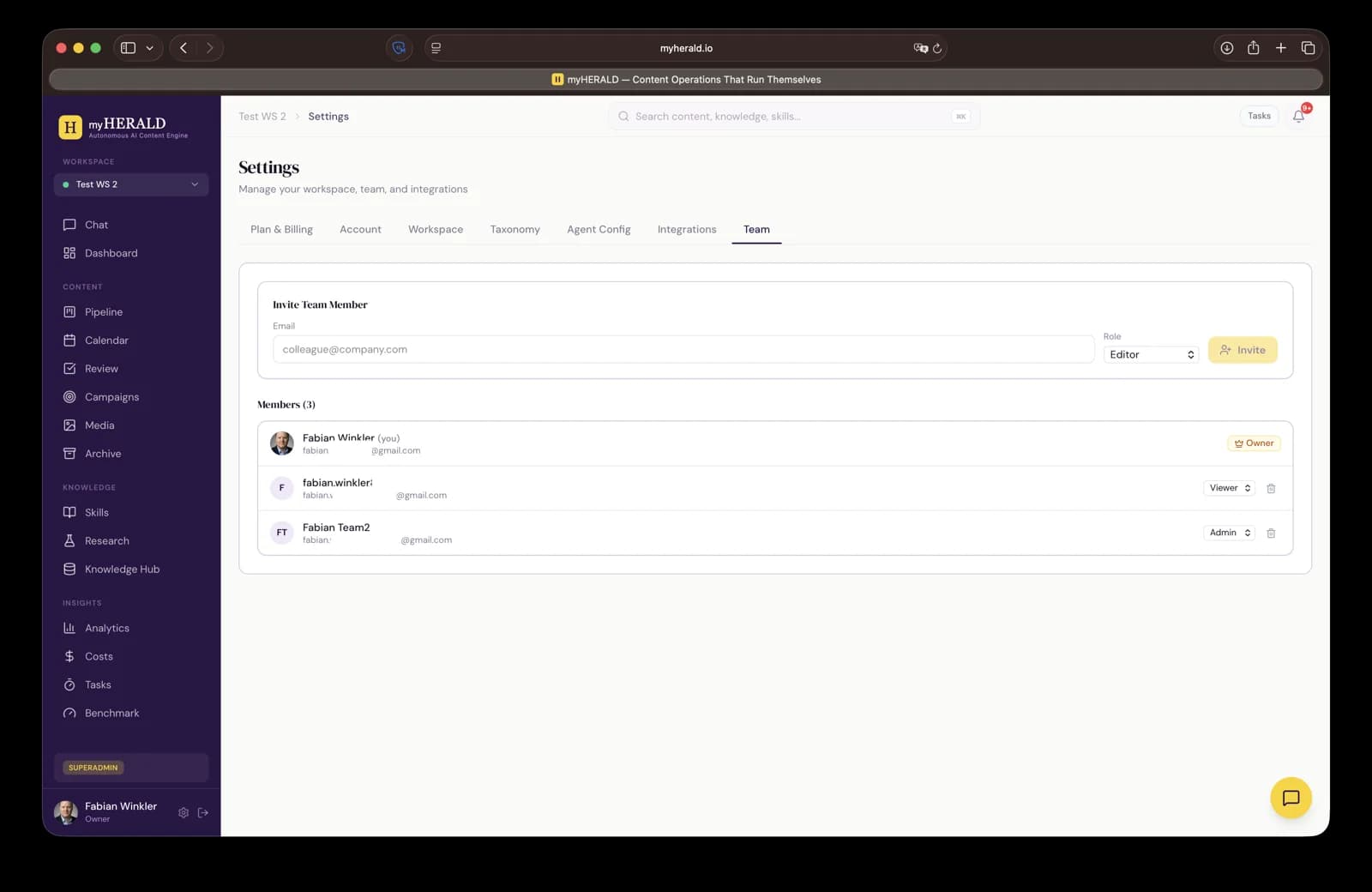 Settings Team tab with members and roles