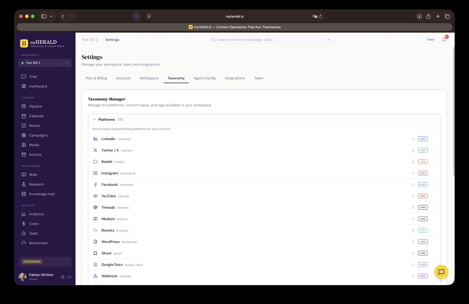 Settings Platforms and tags tab