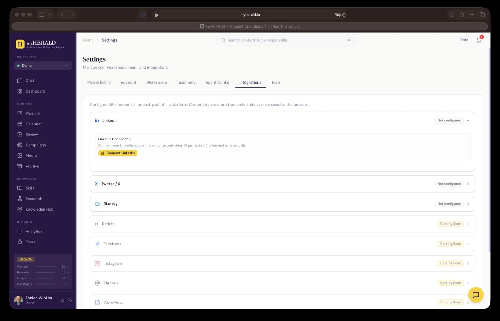 Settings Integrations tab with connected platforms