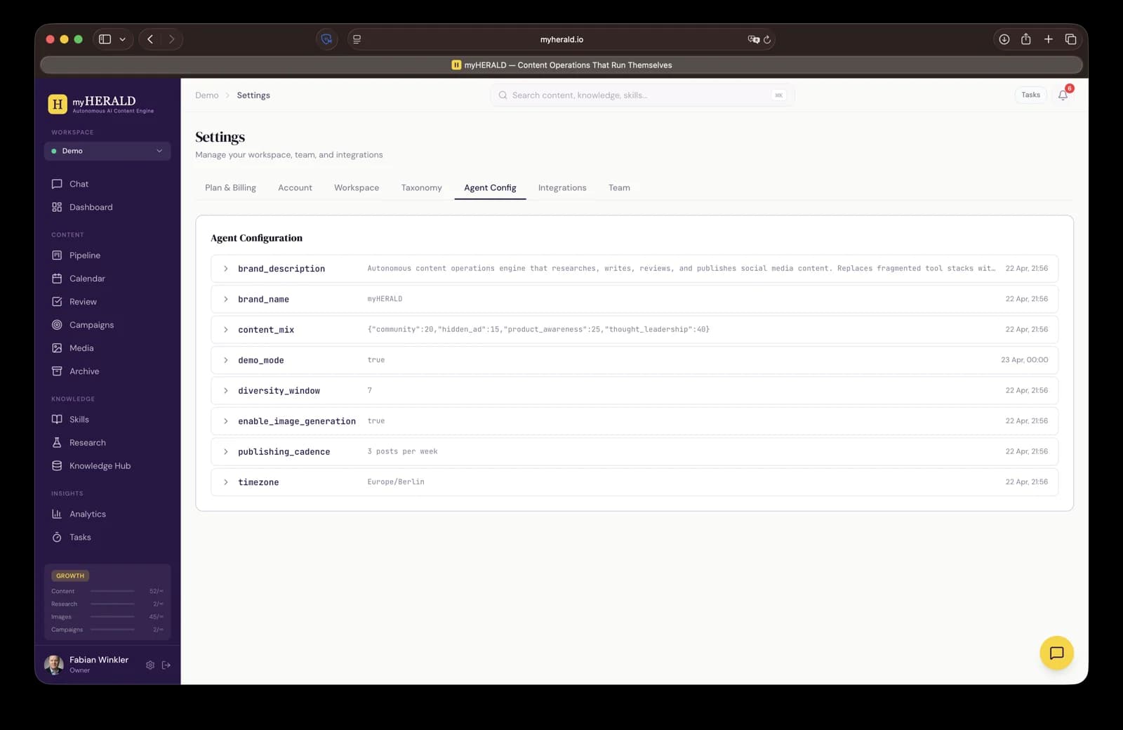 Settings Agent config tab