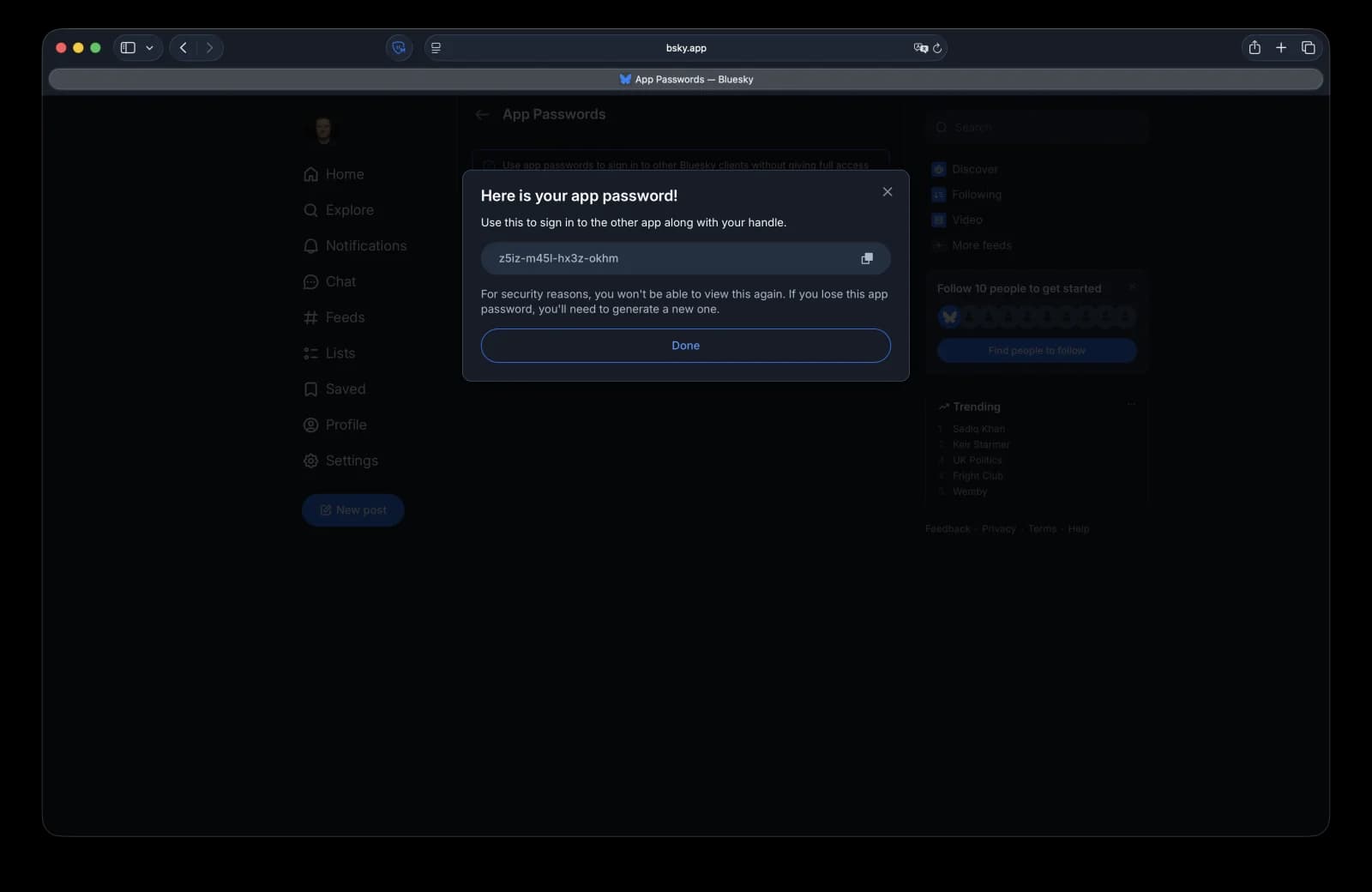 Bluesky app passwords screen with a new password generated