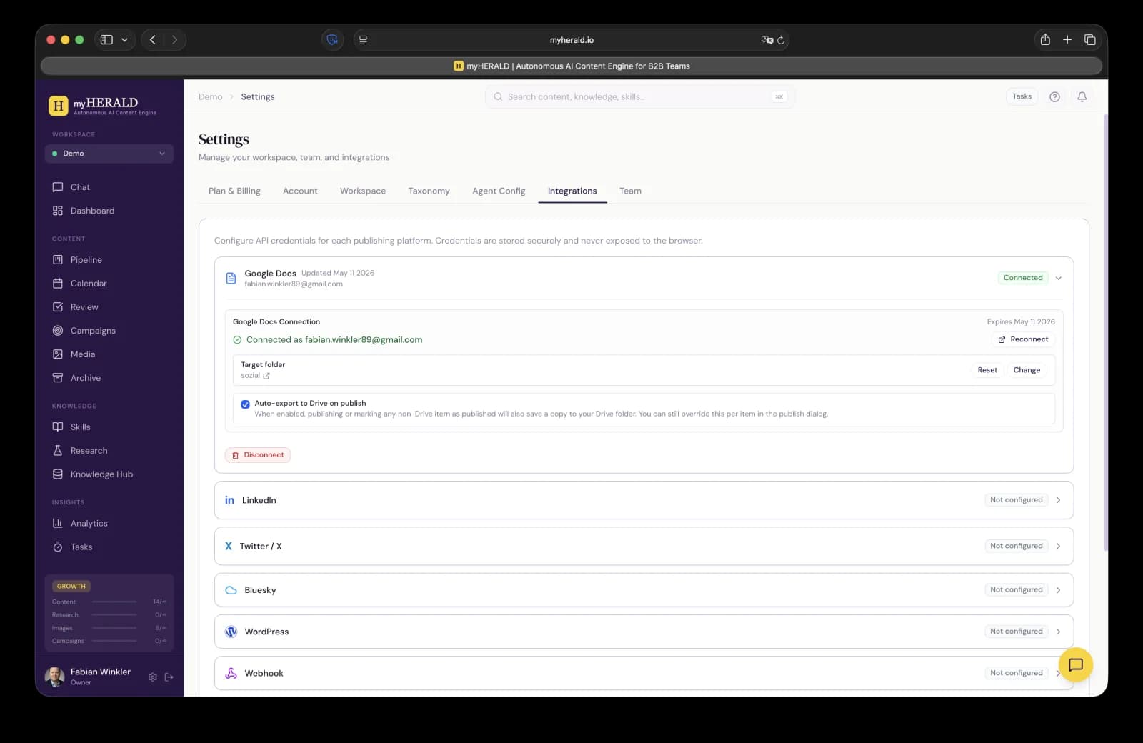 Google Docs integration settings showing the folder picker and Auto-export to Drive toggle