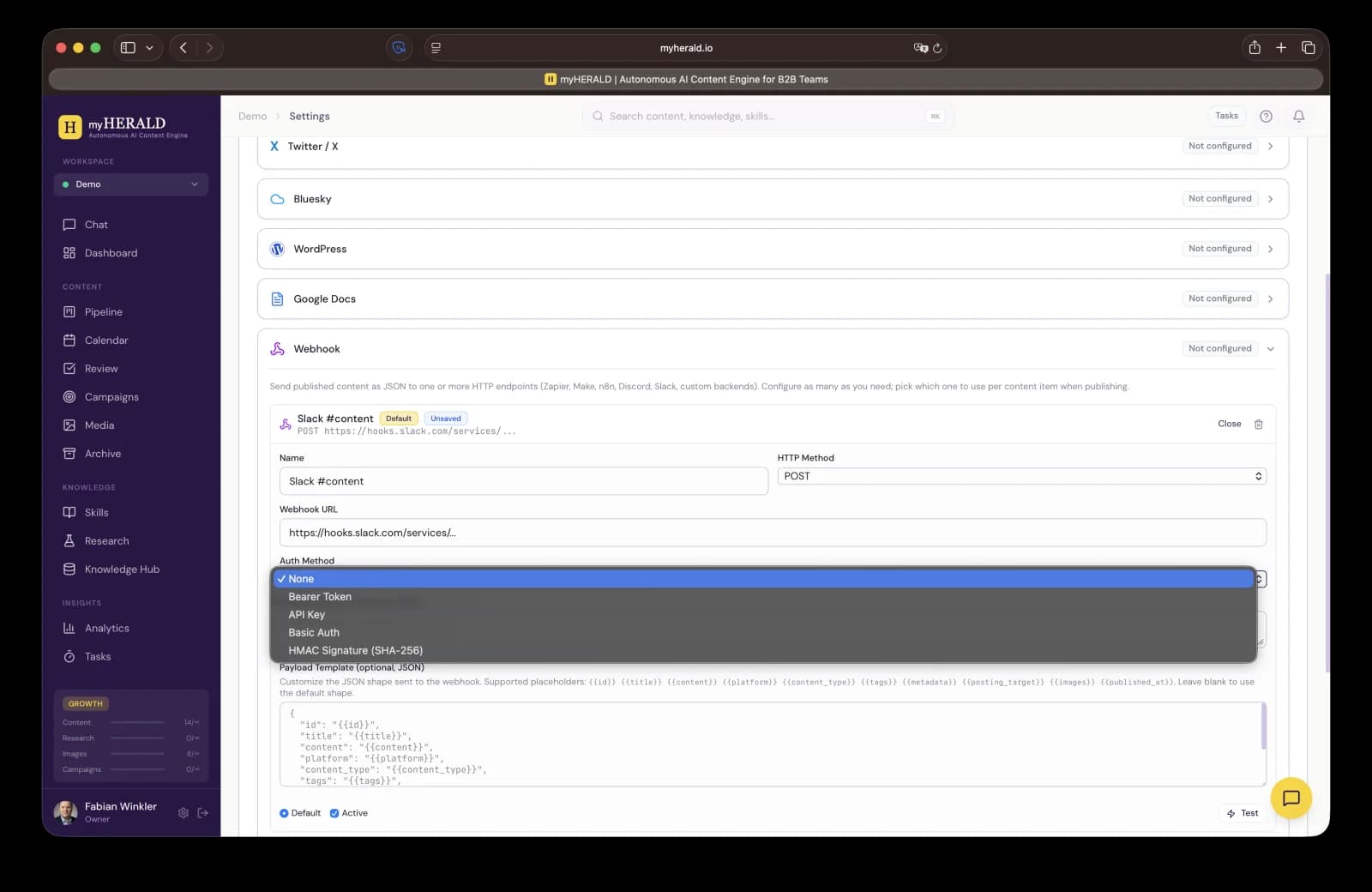 Webhook configuration form showing name, URL, method, and all five auth method options