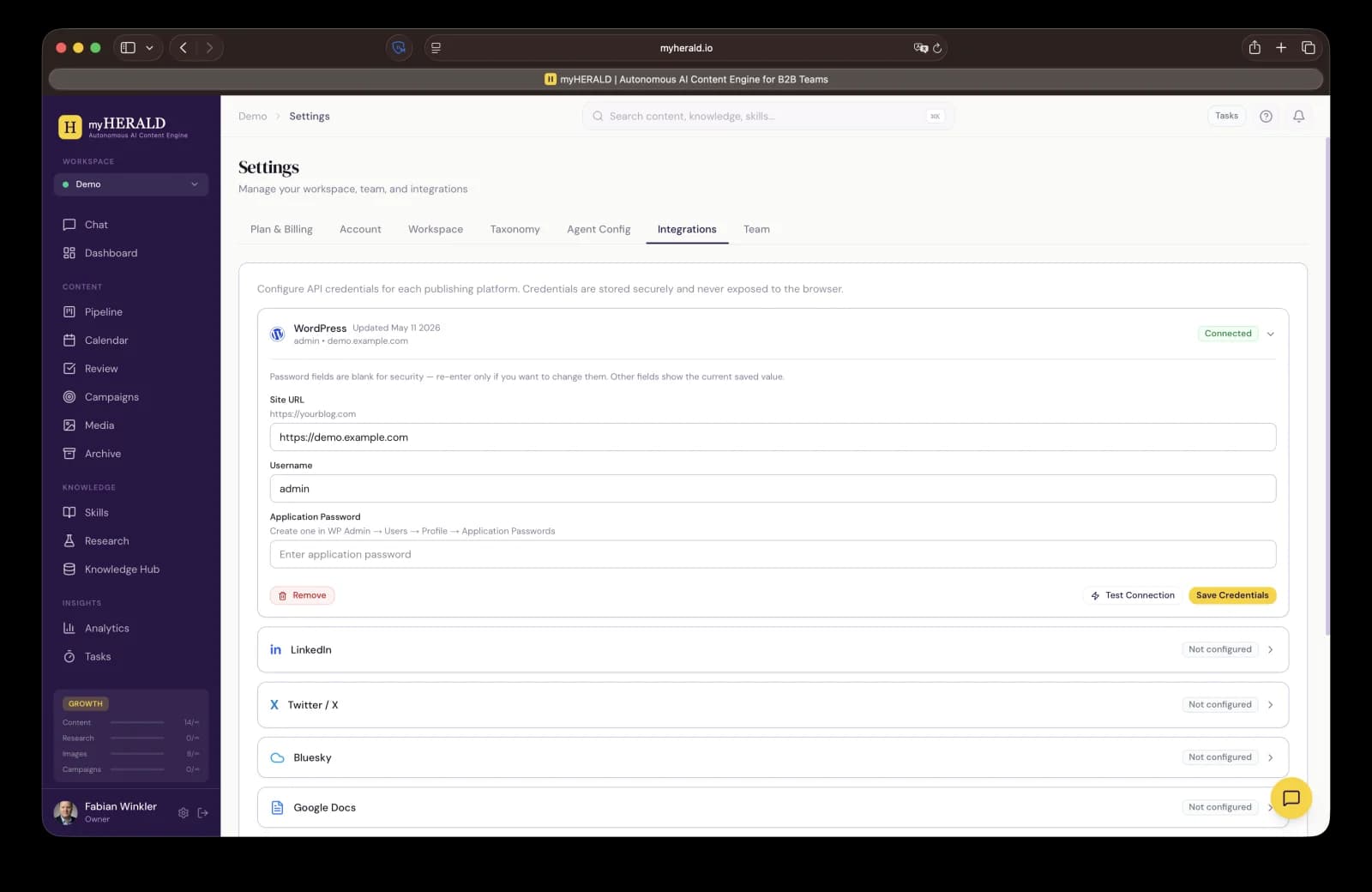 myHERALD WordPress add-site dialog with URL, username, and password fields