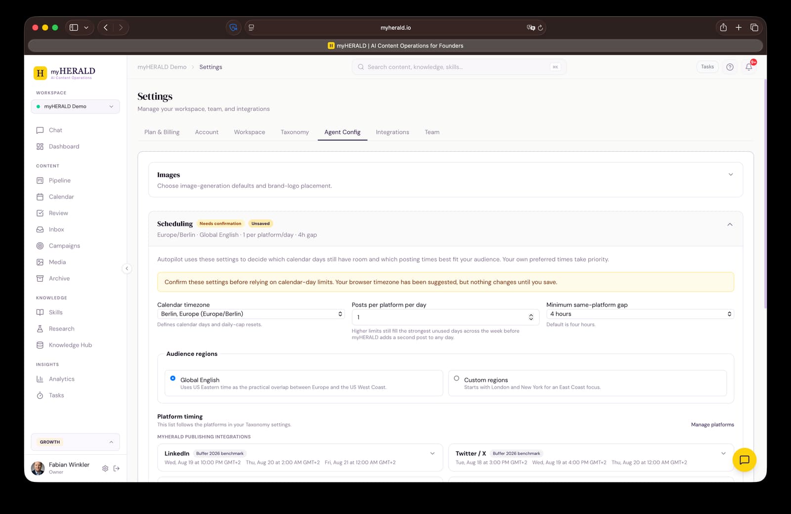 Agent Config Scheduling settings with calendar timezone, daily platform capacity, minimum gap, audience regions, and platform timing recommendations