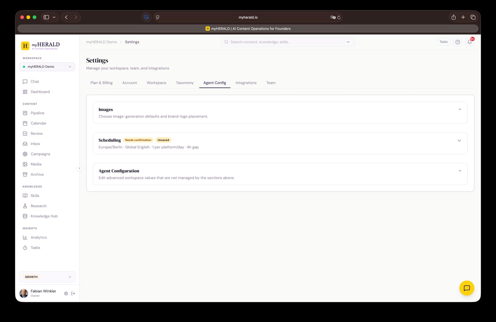 Agent Config overview with Images, Scheduling, and Agent Configuration sections collapsed