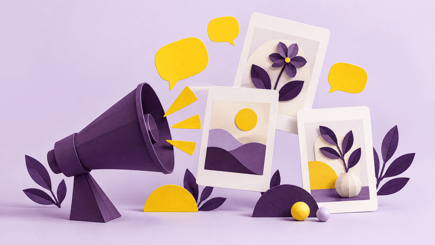 AI-generated image for the myHERALD launch: a megaphone and content cards in purple and yellow